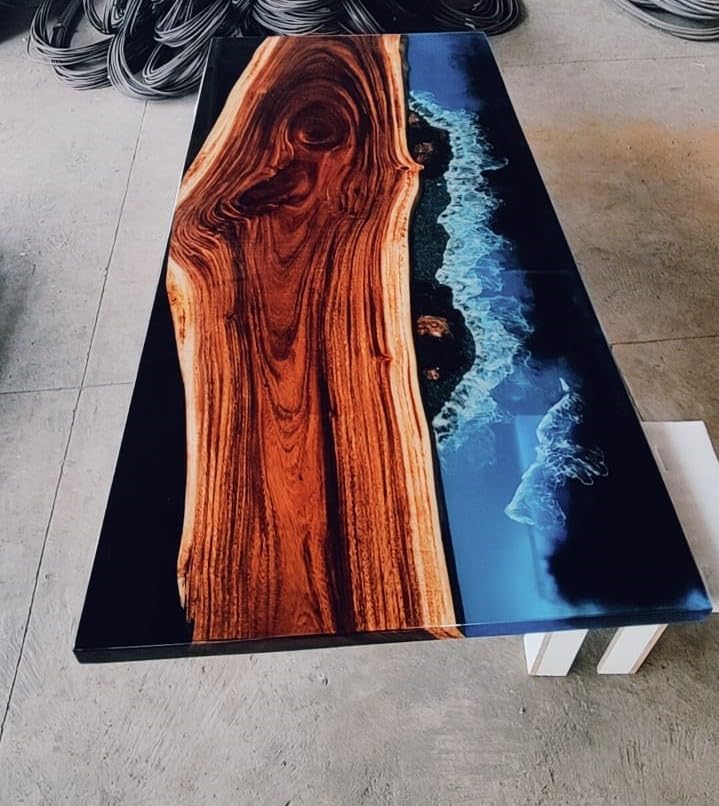 Blue Beach Ocean Look with Wave Epoxy Resin Dining Table Coffee Table End Table Wooden Table Living Room Table Bar Counter Home Décor Side Table Top
