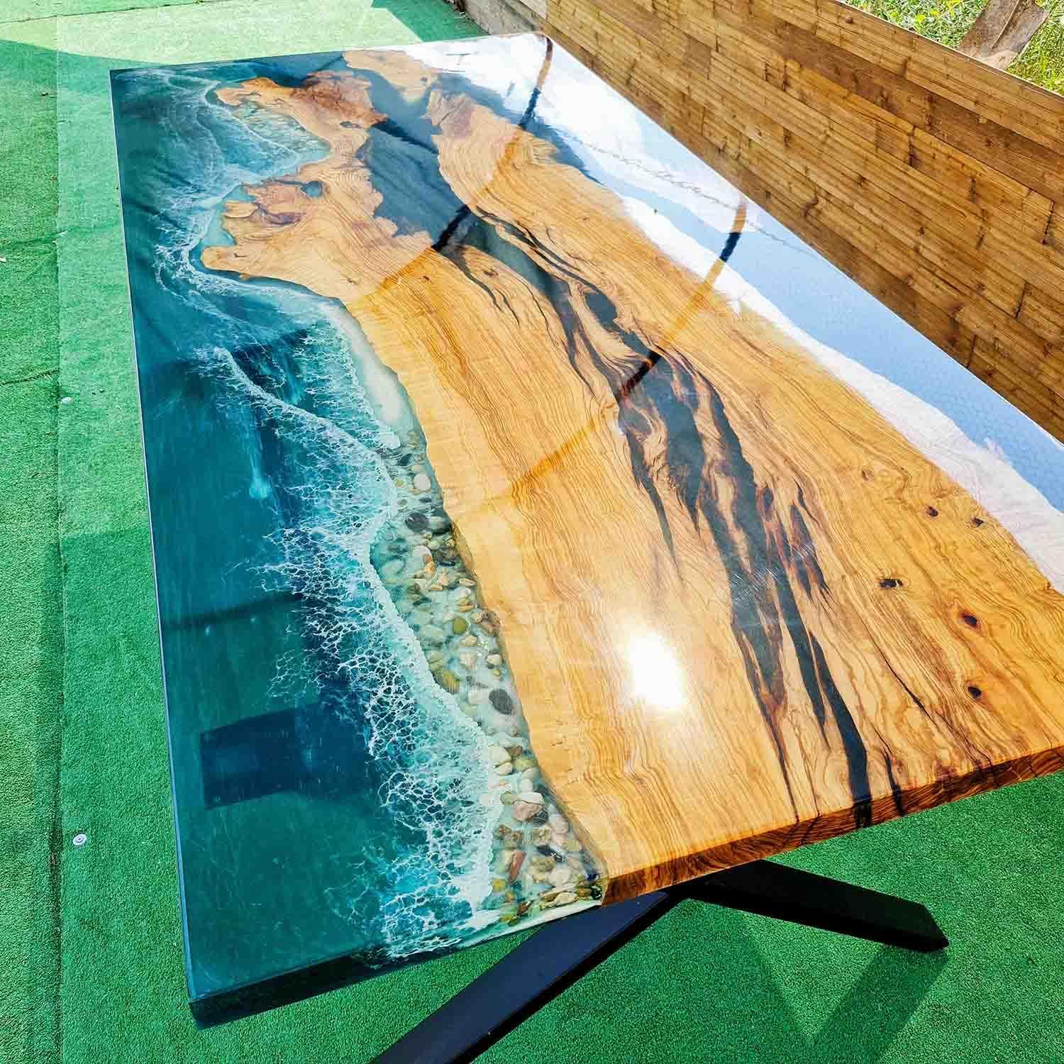 Green Island Ocean Wave Look Epoxy Resin Dining Table Coffee Table End Table Wooden Table Living Room Table Bar Counter Home Décor Side Table top