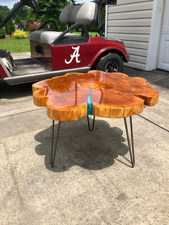 Rustic Round Wooden Live Edge Table with Blue Resin Coffee Table End/Side Table Centre Table Patio Table Console Table Home Office Table Living Room Table