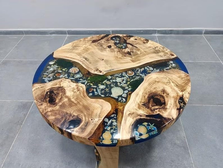 Beautiful Indoor Round Wooden Mountain Coffee Table Epoxy Dining Table Living Room Table Shells and Stars Table for 2, 4, 6, 8 Side/End Table Home Decor Table