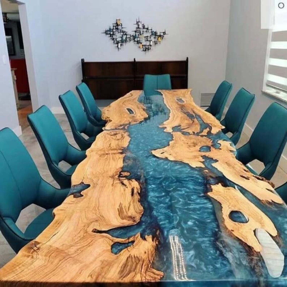 Large Indoor Blue Epoxy Dining Table Resin River Coffee Table Living Room for 2, 4, 6, 8 Table Epoxy Table Top Patio Table Home Décor Bar Counter