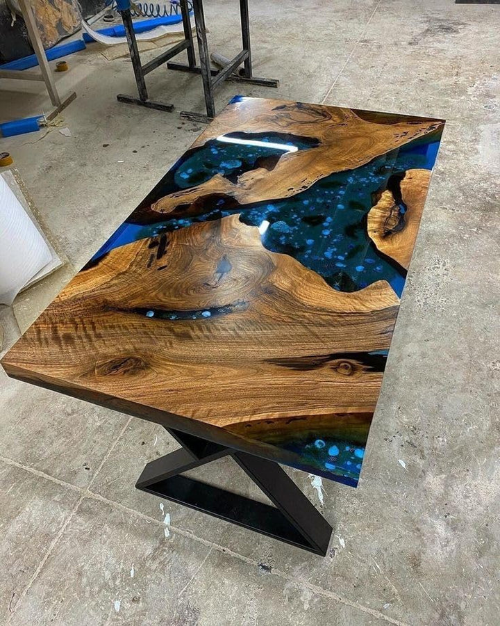 Exotic Jade Blue Epoxy Resin Sandy Beach Look Dining Table Living Room Table Coffee Table Console Table Patio Table Conference Table Bar Counter Table