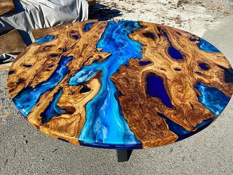 Classic Custom Wood Blue Epoxy Round Coffee Table Dining Table Living Table Multi Ocean Wave Table For 2, 4, 6, 8 Coastal Table Side/End Table Home Décor Luxury Table