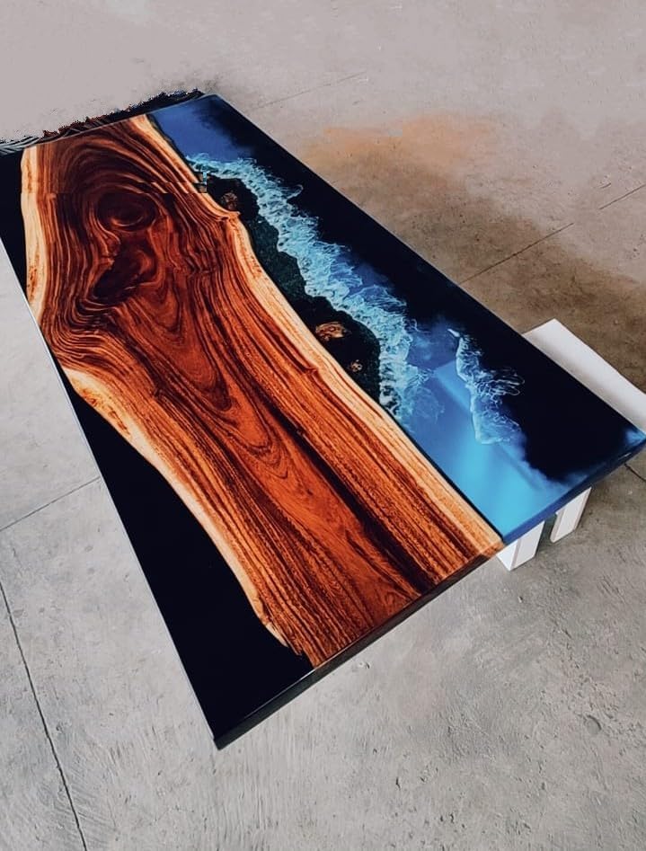 Blue Beach Ocean Look with Wave Epoxy Resin Dining Table Coffee Table End Table Wooden Table Living Room Table Bar Counter Home Décor Side Table Top