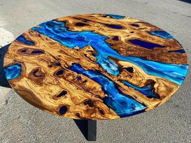 Classic Custom Wood Blue Epoxy Round Coffee Table Dining Table Living Table Multi Ocean Wave Table For 2, 4, 6, 8 Coastal Table Side/End Table Home Décor Luxury Table