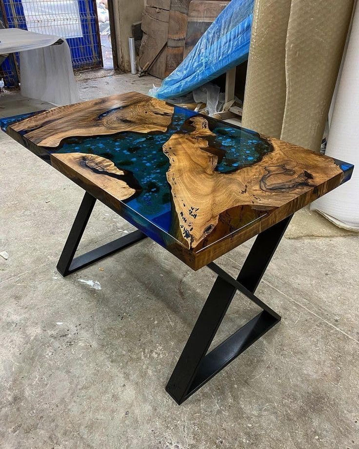 Exotic Jade Blue Epoxy Resin Sandy Beach Look Dining Table Living Room Table Coffee Table Console Table Patio Table Conference Table Bar Counter Table