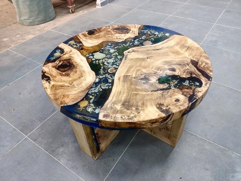 Beautiful Indoor Round Wooden Mountain Coffee Table Epoxy Dining Table Living Room Table Shells and Stars Table for 2, 4, 6, 8 Side/End Table Home Decor Table