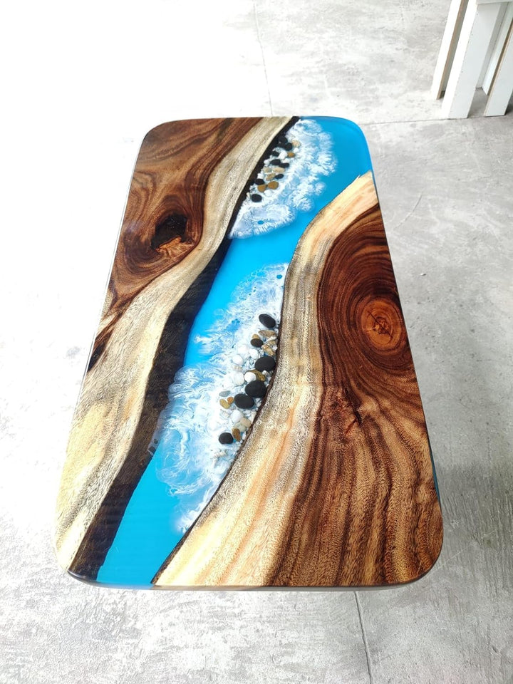 Customized Large Epoxy Table, Blue River Look with Stones, Resin Dining Table for 2, 4, 6, 8, Epoxy Coffee Table, Living Room Table, Home décor