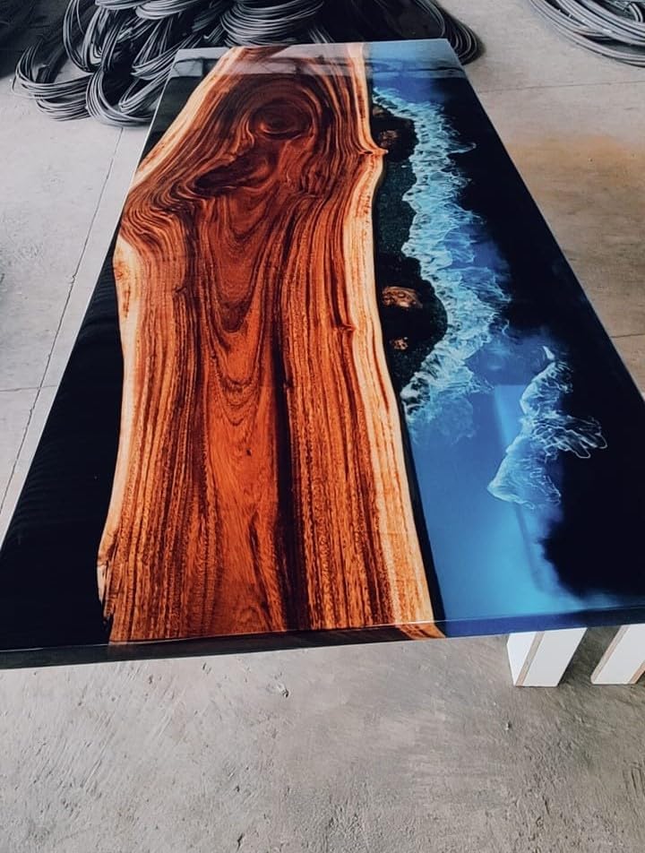 Blue Beach Ocean Look with Wave Epoxy Resin Dining Table Coffee Table End Table Wooden Table Living Room Table Bar Counter Home Décor Side Table Top