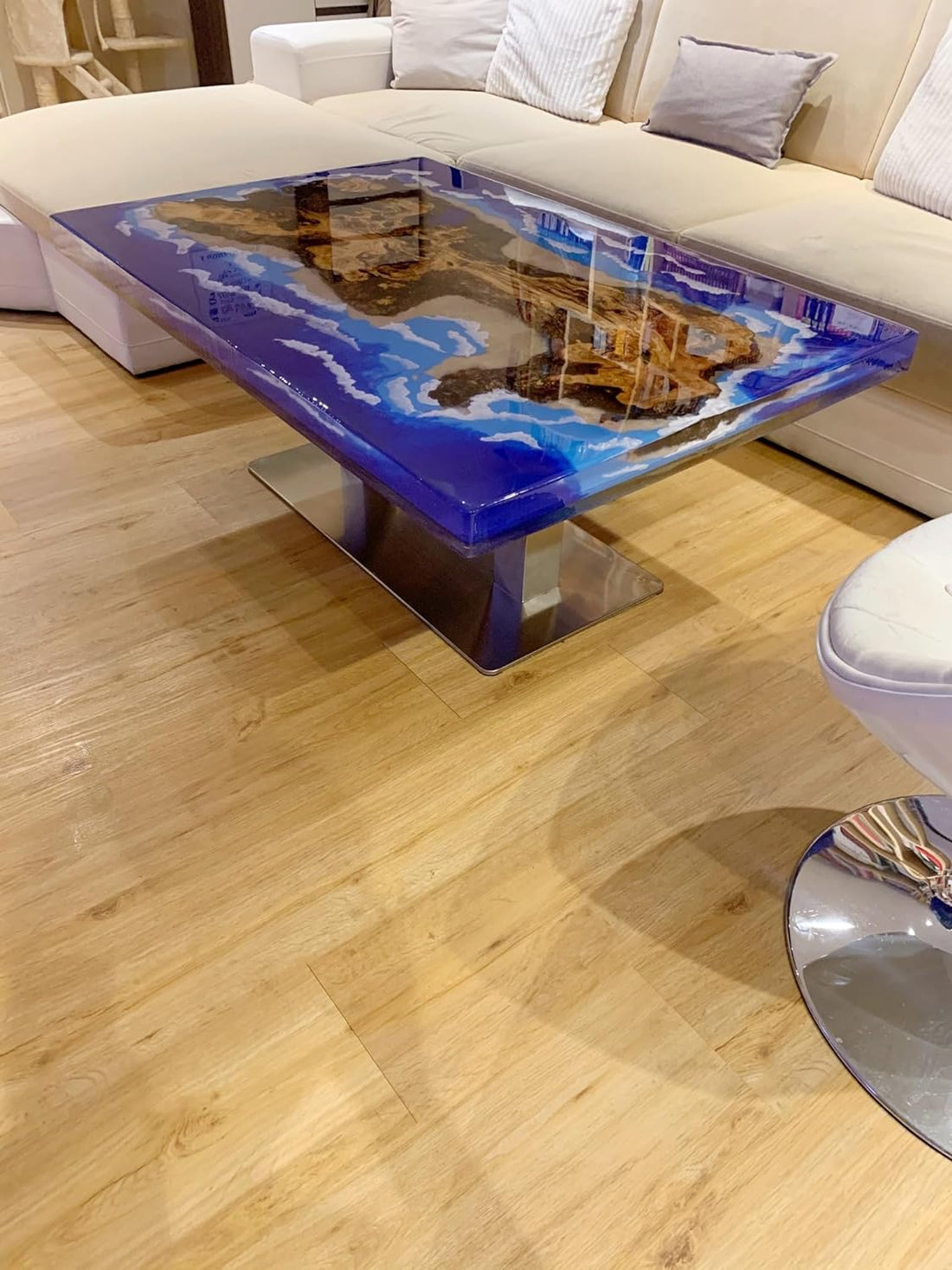 TUZECH Natural Wood Resin Epoxy Blue Classic Island Look with Waves Table Coastal Table Top Dining Table Coffee Table Side/End Table Home Décor