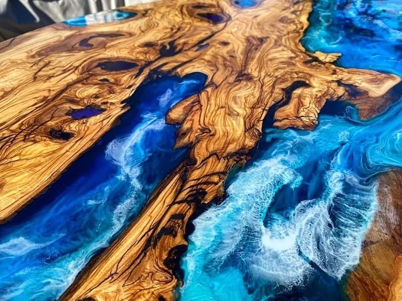 Classic Custom Wood Blue Epoxy Round Coffee Table Dining Table Living Table Multi Ocean Wave Table For 2, 4, 6, 8 Coastal Table Side/End Table Home Décor Luxury Table