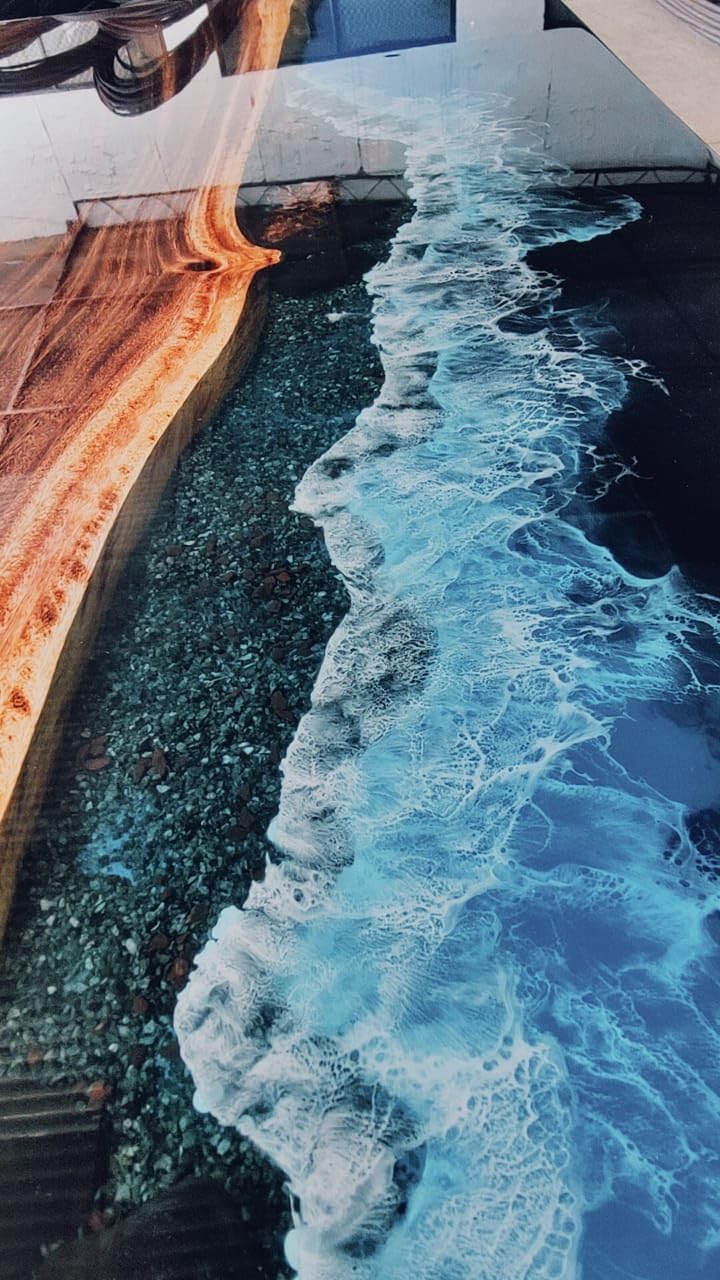 Blue Beach Ocean Look with Wave Epoxy Resin Dining Table Coffee Table End Table Wooden Table Living Room Table Bar Counter Home Décor Side Table Top