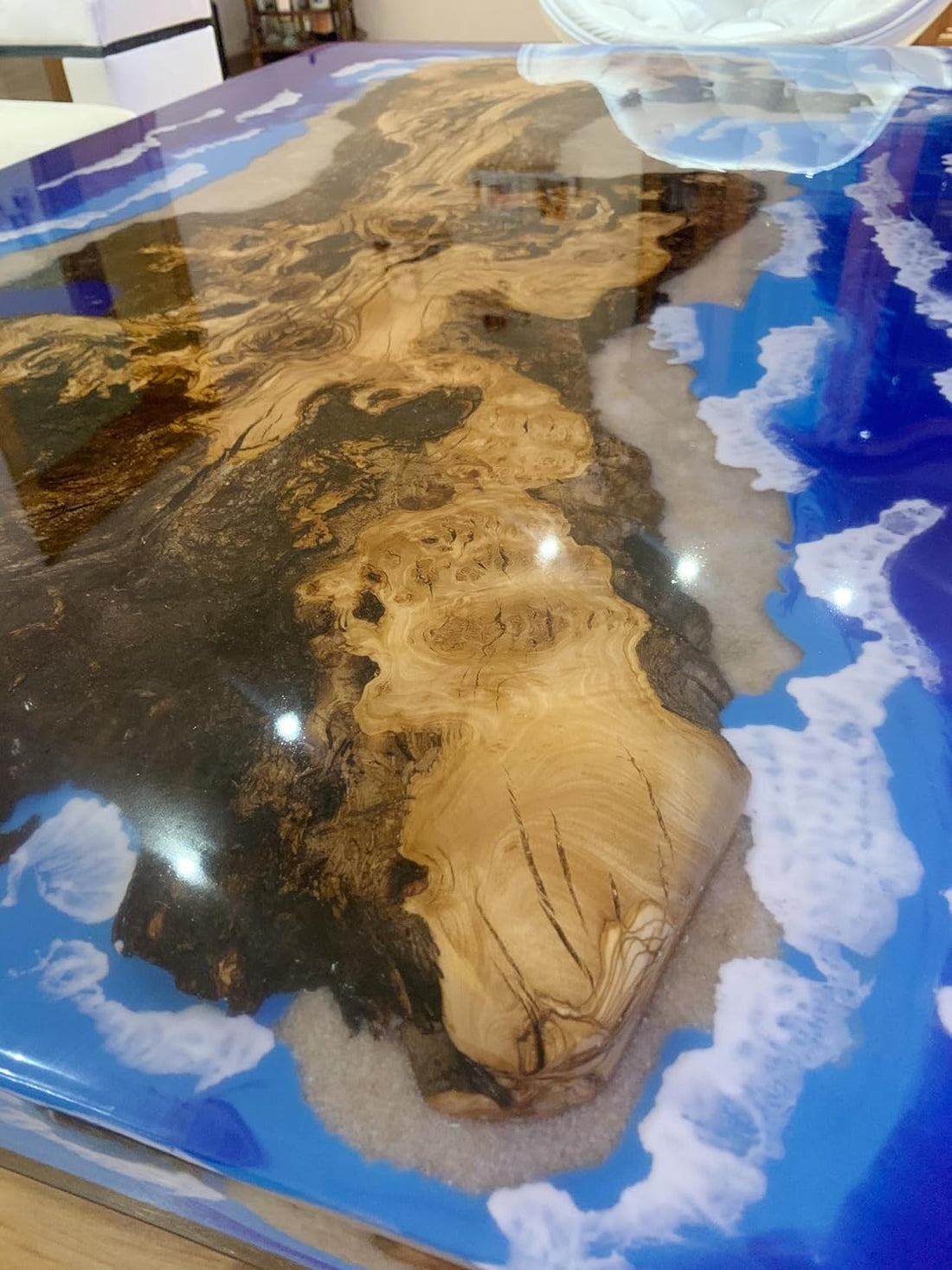 TUZECH Natural Wood Resin Epoxy Blue Classic Island Look with Waves Table Coastal Table Top Dining Table Coffee Table Side/End Table Home Décor
