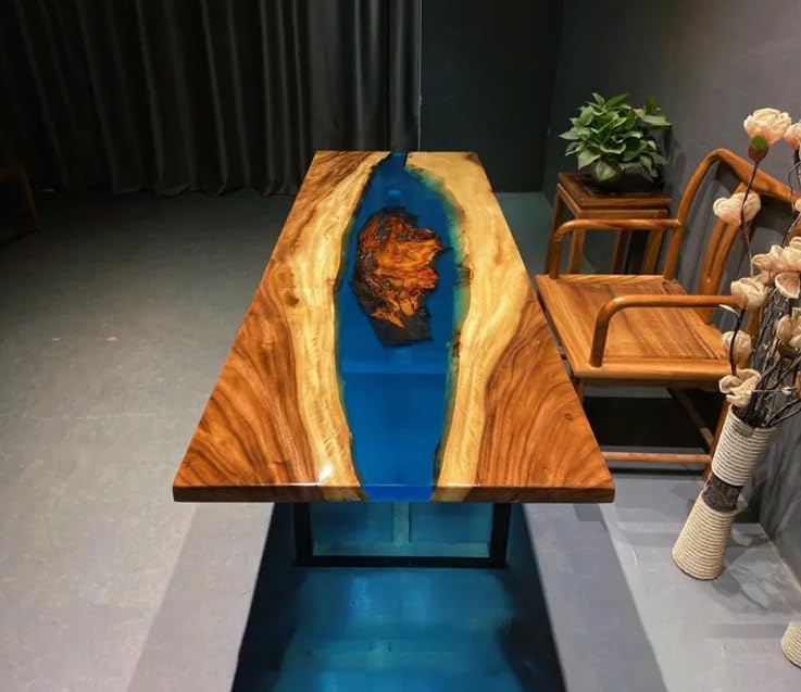 Custom Made Wood Island with Dark Blue River Epoxy Resin Dining Table Coffee Table End Table Wooden Table Living Room Table Bar Counter Home Décor Side Table top