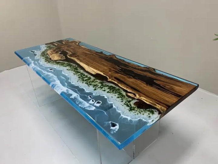 TUZECH Blue Ocean Look with Island Epoxy Resin Dining Table Coffee Table End Table Wooden Table Living Room Table Bar Counter Home Décor Side Table top