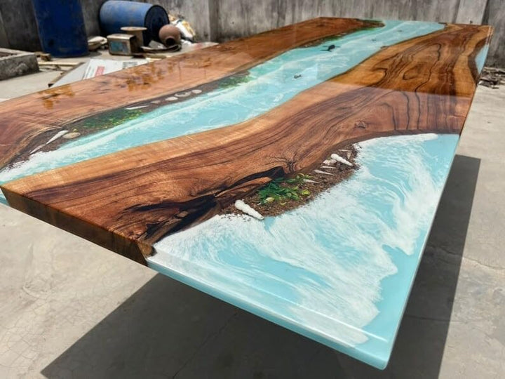 TUZECH Unique Ocean Waves with Shells and Fishes Sky Blue Epoxy Resin Dining Table Console Table Side/End Table Living Room Coastal Table Bar Counter Table Home Décor