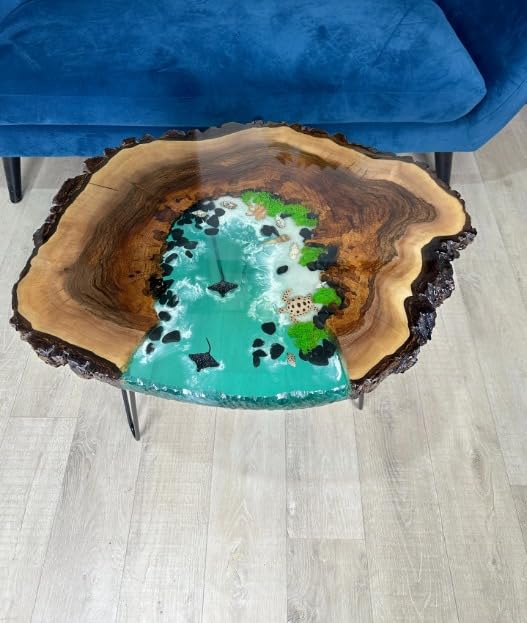 Customized Aquarium Look with Skate Fish & Tortoise Sea Green Epoxy Resin Round Coffee Table Patio Table Console Table Side Table Centre Table Living Room Table
