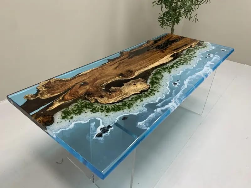 TUZECH Blue Ocean Look with Island Epoxy Resin Dining Table Coffee Table End Table Wooden Table Living Room Table Bar Counter Home Décor Side Table top