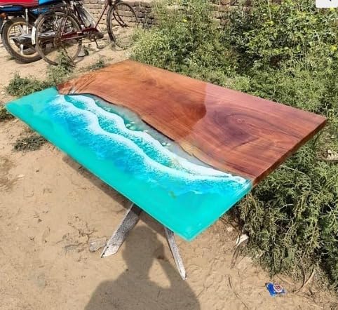 Sky Blue Resin River with Seashells Epoxy Dining Table Conference Table Patio Table Console Table Coffee Table Living Room Table Bar Counter Table End/Side Table