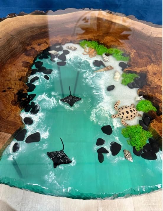 Customized Aquarium Look with Skate Fish & Tortoise Sea Green Epoxy Resin Round Coffee Table Patio Table Console Table Side Table Centre Table Living Room Table