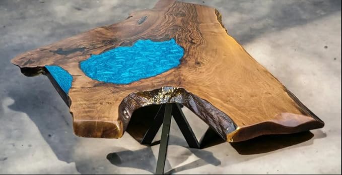 TUZECH Customized Resin Live Edge Table Top, Blue Mini Pond Look Table, Coffee Table, Resin Table, Luxury Table, Walnut Table, Wooden Resin Table