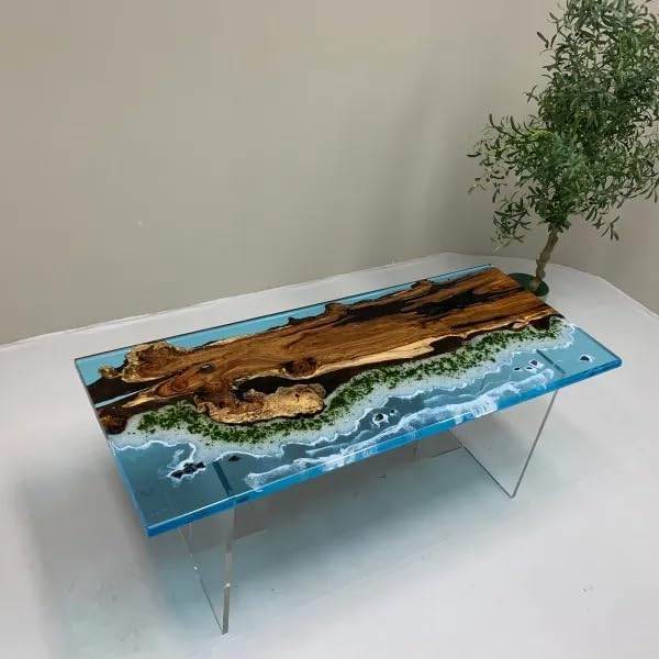 TUZECH Blue Ocean Look with Island Epoxy Resin Dining Table Coffee Table End Table Wooden Table Living Room Table Bar Counter Home Décor Side Table top
