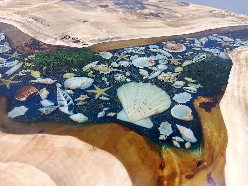 Beautiful Indoor Round Wooden Mountain Coffee Table Epoxy Dining Table Living Room Table Shells and Stars Table for 2, 4, 6, 8 Side/End Table Home Decor Table