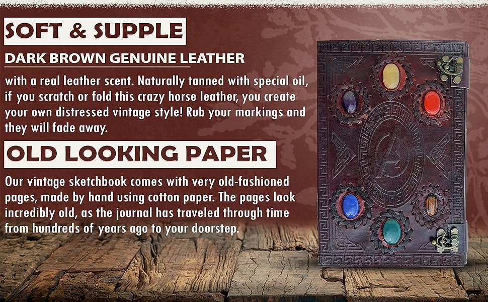 TUZECH Handmade Avengers Vintage Leather Journal With Stones Book Of Shadows/Art Sketchbook/Seven Chakra / & Travel lock Key Diary Large For Women & Men Gift 10 Inches