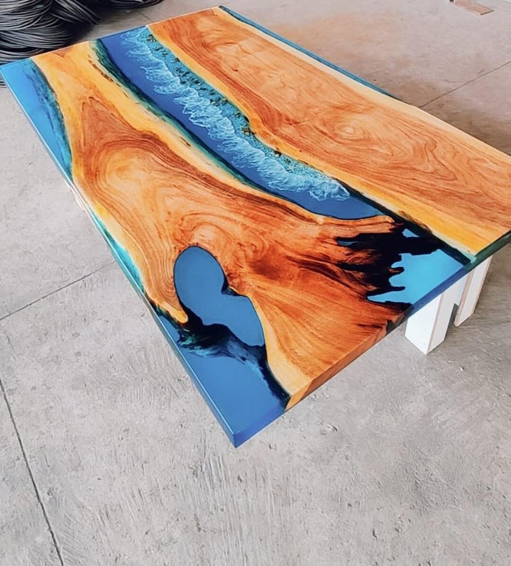 Clear Blue River with Stones Look Epoxy Resin Dining Table Coffee Table End Table Wooden Table Living Room Table Bar Counter Home Décor Side Table Top