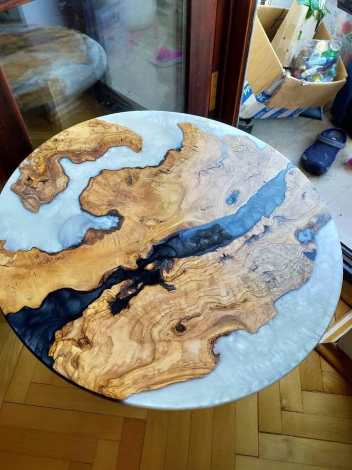 Natural Wood Epoxy Coffee Table Round Table Multi River White Epoxy Table Living Room Table for 2, 4, 6, 8 Dining Table Resin Bar Counter Home Décor Side/End Table