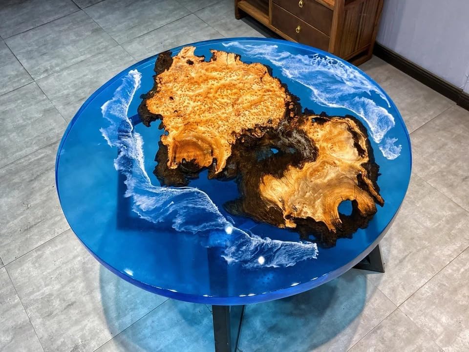 TUZECH Clear Blue Ocean Resin Look, Coffee Table, Kitchen and Dining Table, Acacia Wood Table, Round Table Top, Flexible Table, Ocean Table, End Table