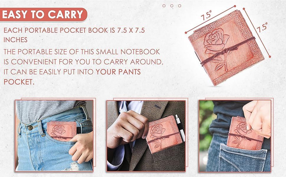 TUZECH Handmade Leather Bound Book of Shadows Mini Notebook Blank Unlined Small Pocket Tiny Journal For Office Artist Architect Personal Note Vintage Diary for Women and Men Rose Miniature