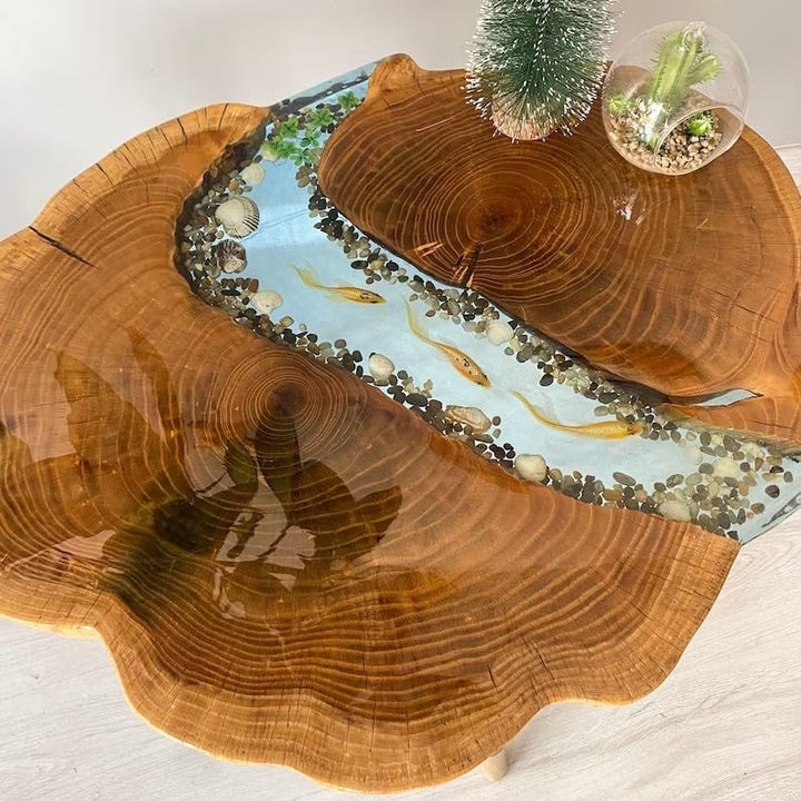 TUZECH Large Indoor Epoxy Round Table Resin Coffee Table River with Fishes & Stones Table Living Room for 2, 4, 6, 8 Side/End Table Epoxy Dining Table Bar Counter Home Décor