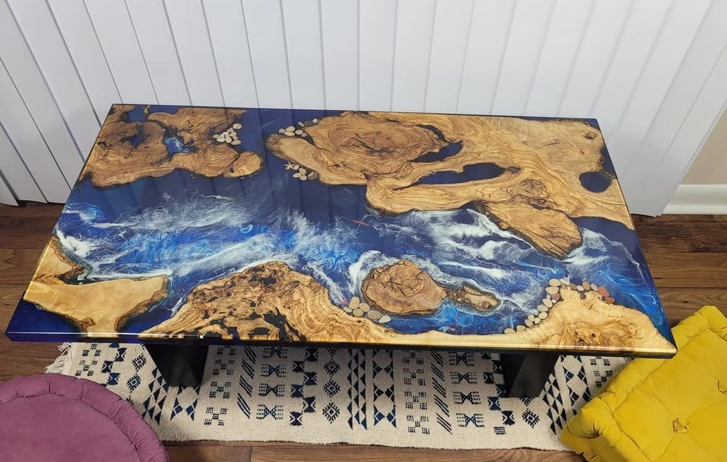 River Table Epoxy Dining Table Resin Coffee Table with Stones Feel Ocean Table Living Room for 2, 4, 6, 8 Epoxy Table Top Home Décor Side Table End Table