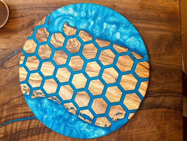Unique Indoor Hexagon Blocks Round Table Resin Coffee Table River Living Room Table for 2, 4, 6, 8 Table Top Counter Top Side/End Table Home Décor Walnut Table