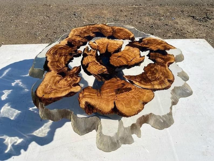 Large Indoor Clear Round Wooden Live Edge Coffee Table Resin Table Living Room Table for 2, 4, 6, 8 Transparent Table Side/End Table Walnut Table Home Décor Table
