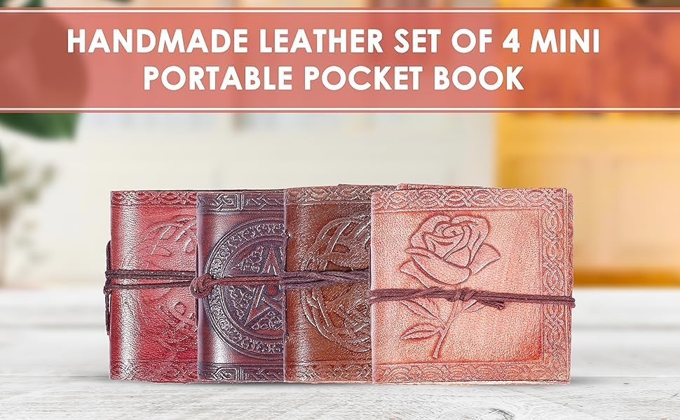 TUZECH Handmade Leather Bound Book of Shadows Mini Notebook Blank Unlined Small Pocket Tiny Journal For Office Artist Architect Personal Note Vintage Diary for Women and Men Rose Miniature