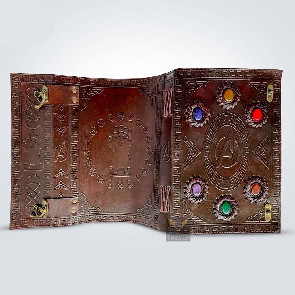TUZECH Handmade Avengers Vintage Leather Journal With Stones Book Of Shadows/Art Sketchbook/Seven Chakra / & Travel lock Key Diary Large For Women & Men Gift 10 Inches