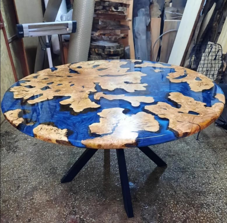 TUZECH Customized Resin Epoxy Round Table Top, Clear Blue Epoxy Resin, Coffee Table Design, Resin Table, Luxury Decor Table, Walnut Table, Wooden Resin Table