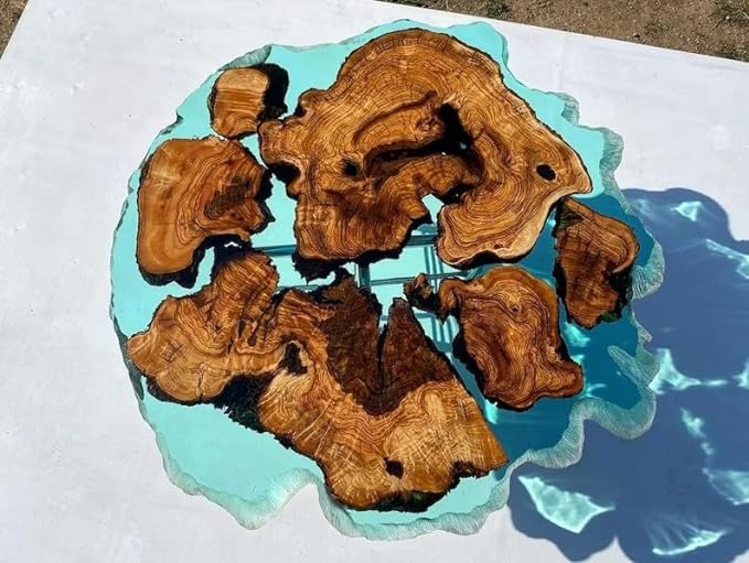 Custom Large Resin Epoxy Round Table Teal Clear Green Look Resin Coffee Table Living Room Table Luxury Decor Table Patio Table Wooden Resin Table