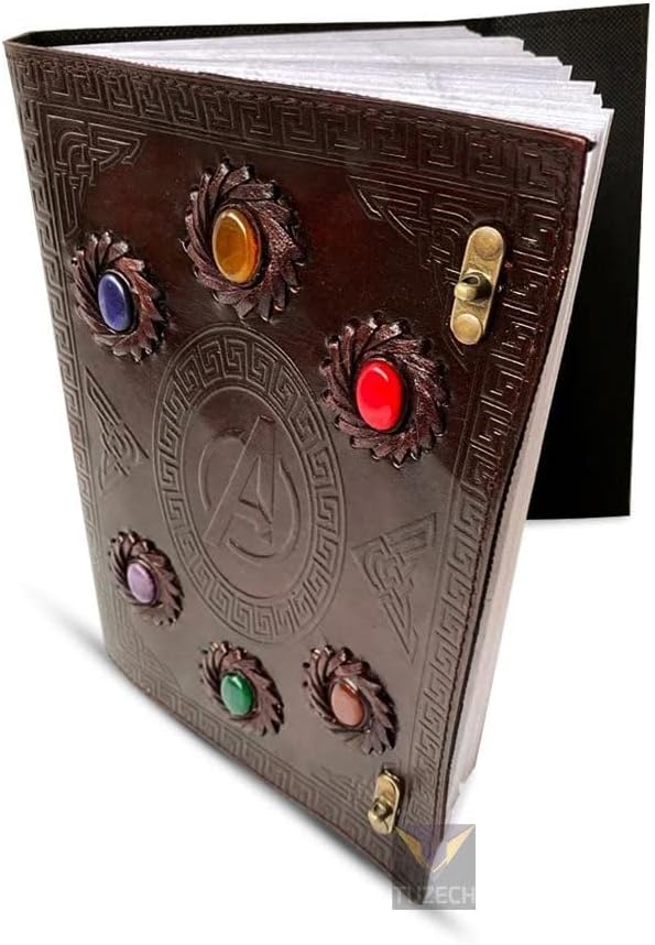 TUZECH Handmade Avengers Vintage Leather Journal With Stones Book Of Shadows/Art Sketchbook/Seven Chakra / & Travel lock Key Diary Large For Women & Men Gift 10 Inches