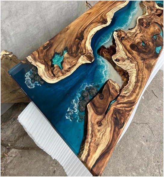 TUZECH Exquisite Ocean Blue Epoxy Resin Dining Table Coffee Table with Stone and Rock Console Table Side/End Table Living Room Coastal Table Bar Counter Table Home Décor