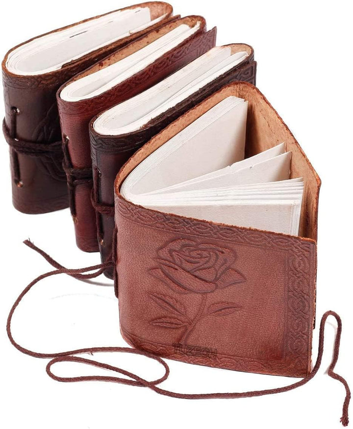 TUZECH Handmade Leather Bound Book of Shadows Mini Notebook Blank Unlined Small Pocket Tiny Journal For Office Artist Architect Personal Note Vintage Diary for Women and Men Rose Miniature