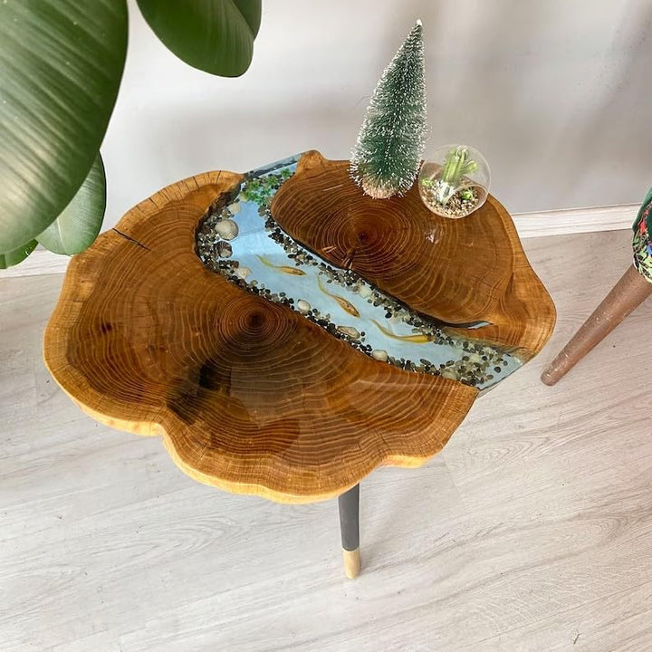TUZECH Large Indoor Epoxy Round Table Resin Coffee Table River with Fishes & Stones Table Living Room for 2, 4, 6, 8 Side/End Table Epoxy Dining Table Bar Counter Home Décor