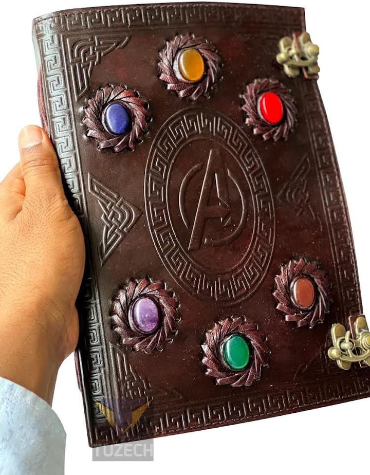 TUZECH Handmade Avengers Vintage Leather Journal With Stones Book Of Shadows/Art Sketchbook/Seven Chakra / & Travel lock Key Diary Large For Women & Men Gift 10 Inches