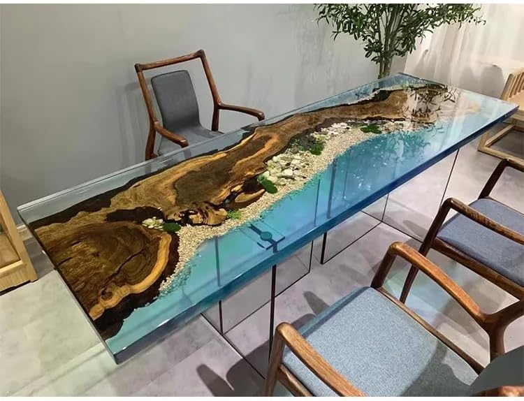 Natural Classic Clear Blue River Look Resin with Stone Epoxy Dining Table Living Room Table Coffee Table Resin Table End Table Bar Counter Top Wooden Table