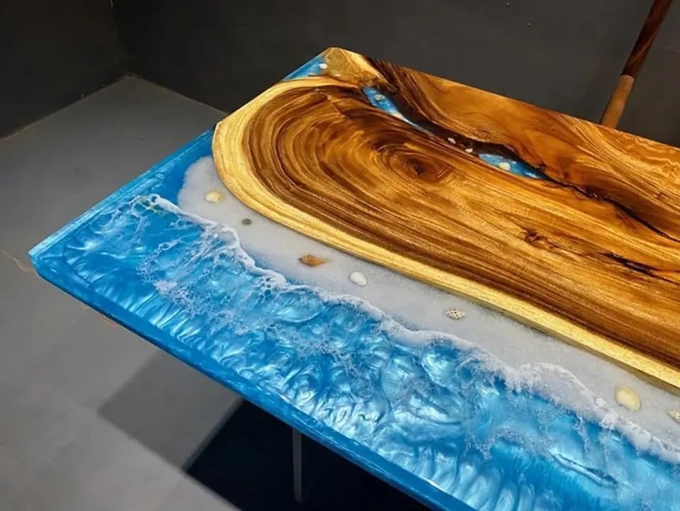 TUZECH Customized Classic Wood Resin Epoxy Realistic Ocean Look Resin Epoxy Dinning Table Coffee Table Living Room Table Bar Counter Home Decor