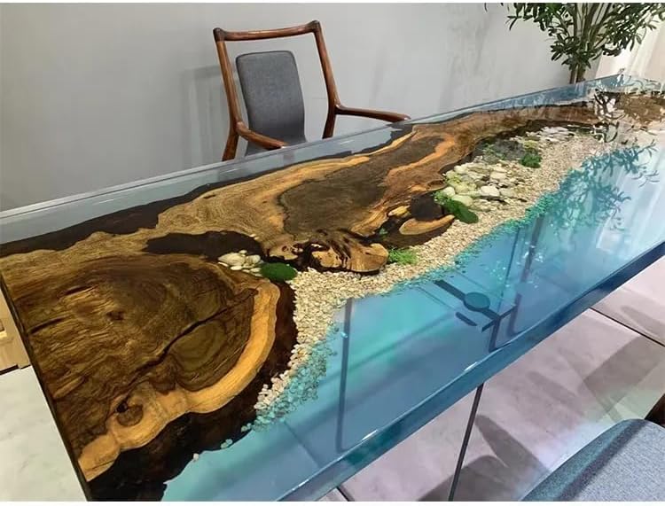 Natural Classic Clear Blue River Look Resin with Stone Epoxy Dining Table Living Room Table Coffee Table Resin Table End Table Bar Counter Top Wooden Table