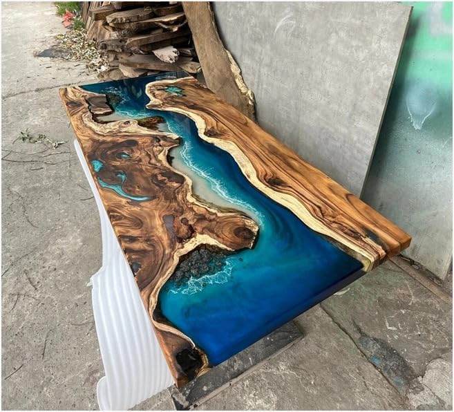 TUZECH Exquisite Ocean Blue Epoxy Resin Dining Table Coffee Table with Stone and Rock Console Table Side/End Table Living Room Coastal Table Bar Counter Table Home Décor