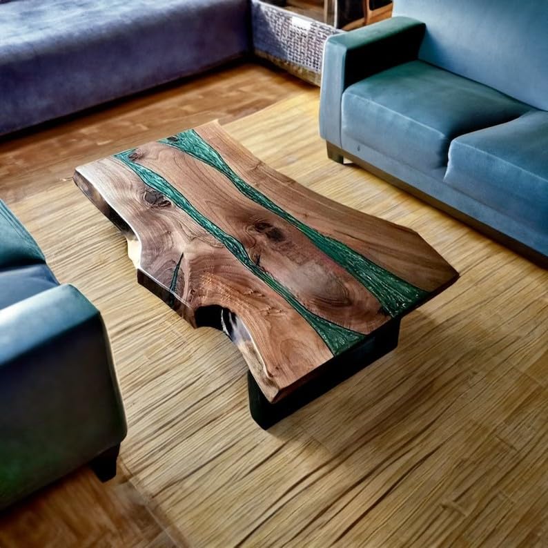 Large Indoor Realistic Wooden Green Multi River Table Epoxy Resin Dining Table Coffee Table End Table Walnut Table Living Room Table Bar Counter Home Décor Side Table